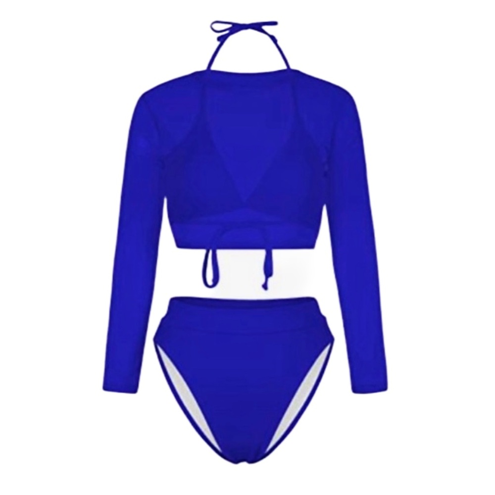 Three Piece High Waist Bikini Set With Mesh Long Sleeve Cover Up.